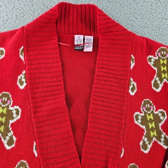 Love On a Hanger Christmas Cardigan Womens Medium Red Gingerbread Man Holiday - Picture 3 of 13